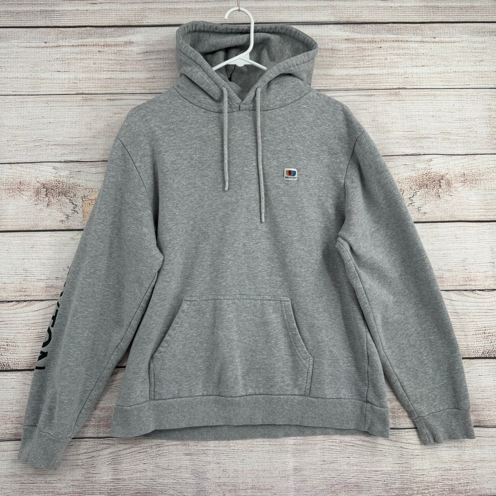 Brixton Hoodie Mens Medium Gray Sleeve Logo Graphic Pullover Fleece Sweatshirt